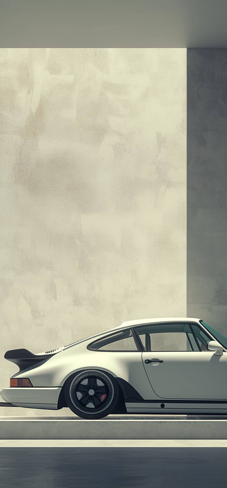 Un Porsche 964 Carrera RS metálico blanco brillante estacionado frente a una pared blanca, mostrando la elegancia de los autos deportivos clásicos.