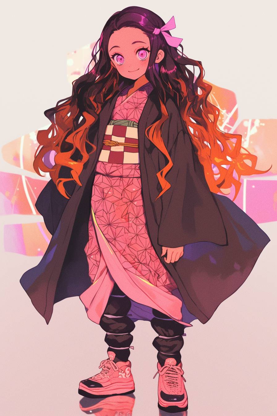 Nezuko Kamado from Demon Slayer wears modern kimono-inspired streetwear with a denim jacket, vibrant and playful.