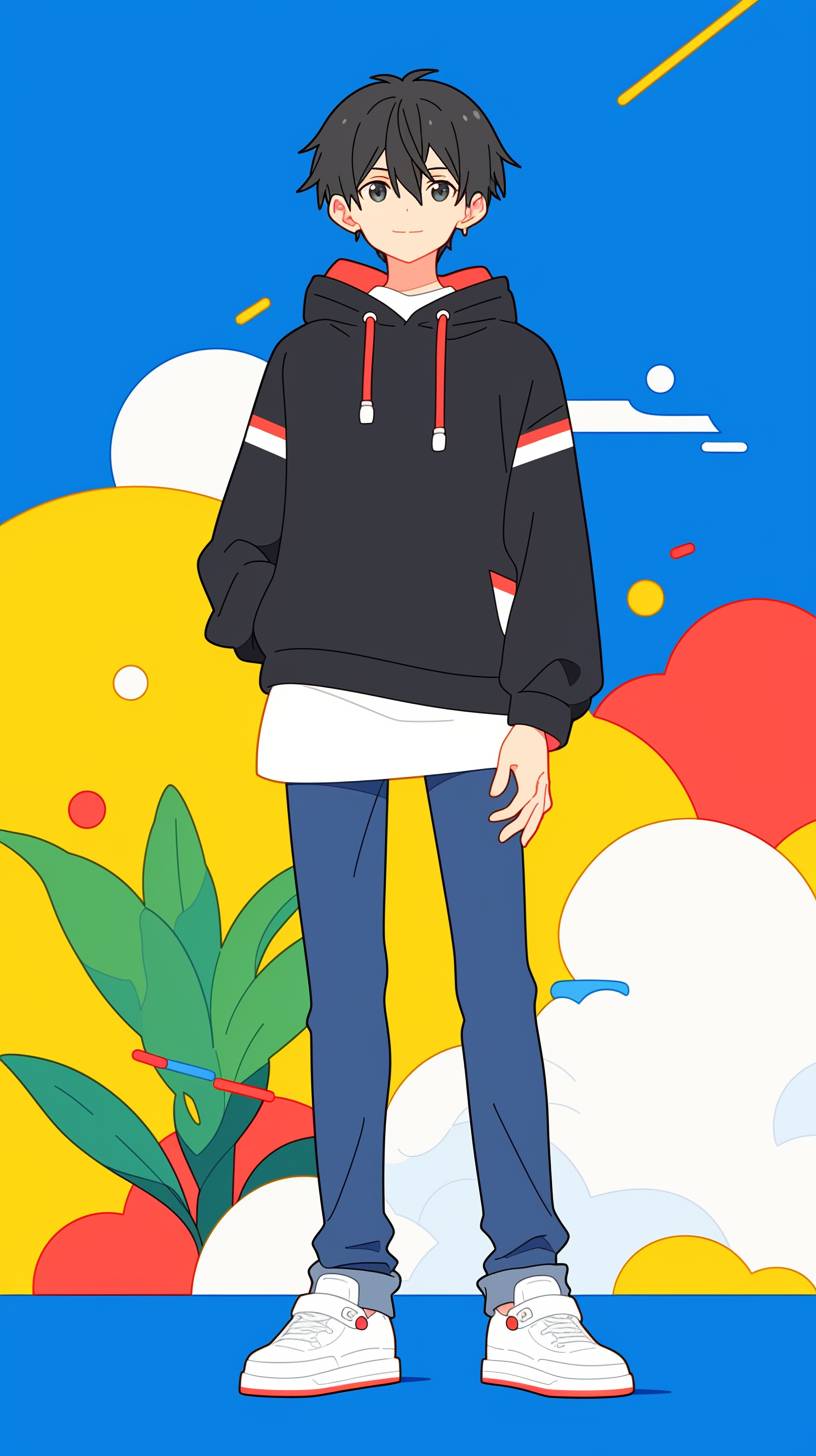 Kirito aus Sword Art Online trägt einen schwarzen Hoodie, schmal geschnittene Jeans und lässige Sneakers, strahlt eine coole, technologie-inspirierte Aura vor einem Neon-Hintergrund aus.