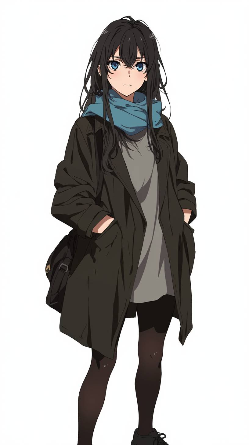 Yukino Yukinoshita wears a sleek coat and scarf, exuding a cool and sophisticated vibe.