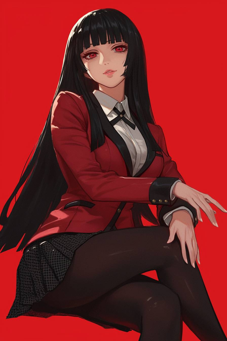 Yumeko Jabami aus Kakegurui zeigt mit einem roten Blazer und einem schwarzen Rock einen eleganten und mutigen Stil.