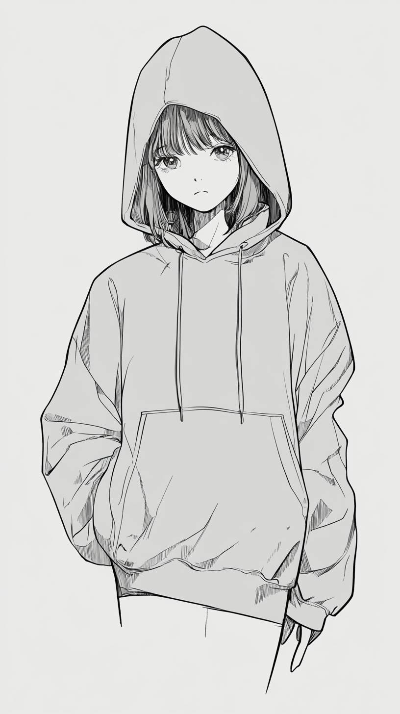 A cute full-body anime girl wearing an oversized gray hoodie.