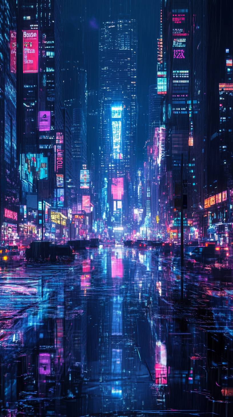 Paisagem urbana cyberpunk à noite, luzes de néon e reflexos intrincados.