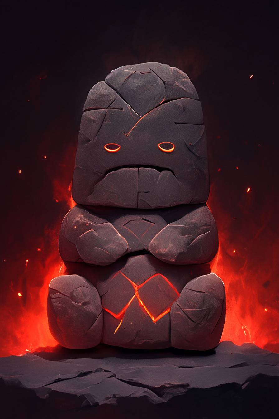 Illustrate a mini ancient stone idol with simple features in a prehistoric style against a dark red aura background.