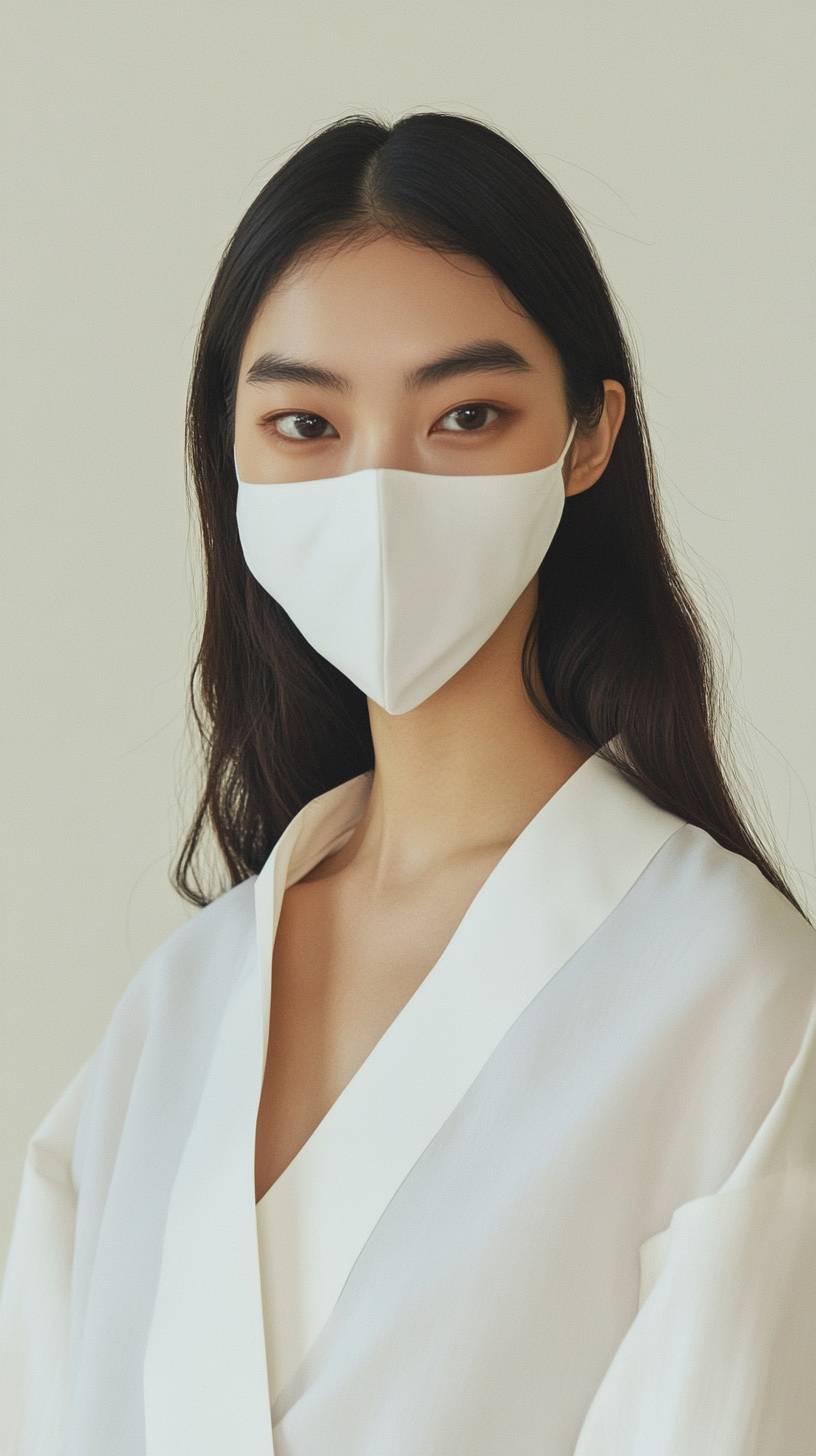 Ein koreanisches weibliches Model trägt eine weiße Dentmaske und schaut in die Kamera.