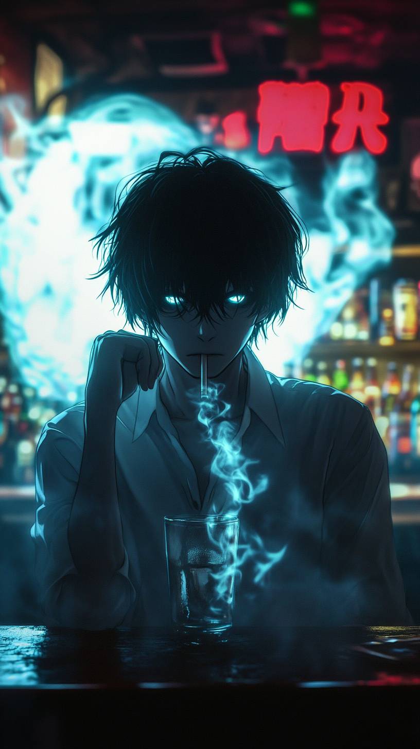 Himeno de Chainsaw Man, con parche en el ojo y cabello corto negro, rodeada de un diablo fantasma en un bar humeante.