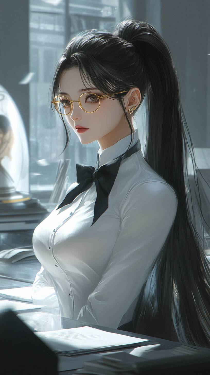 An anime beauty girl with long black hair in a high ponytail, wearing gold glasses and a black bow tie with white long sleeves.