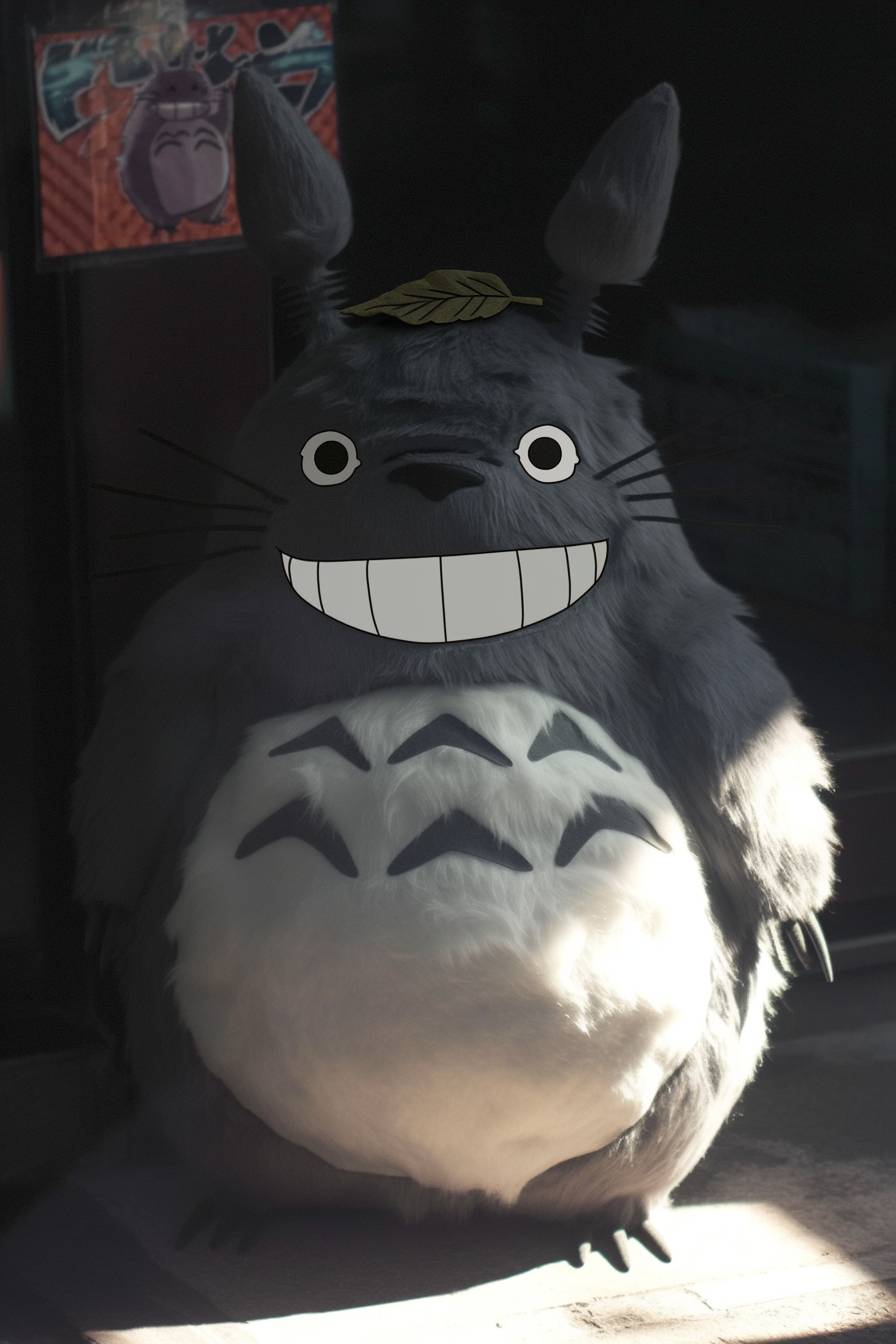 Totoro tiene un abrigo gris peludo, barriga blanca, gran sonrisa y sombrero de hoja, creando un aire juguetón.