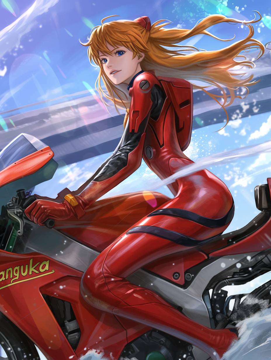 Asuka Langley de Neon Genesis Evangelion montando a moto EVA-02, ilustração de anime detalhada.