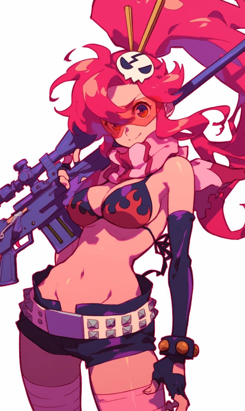 Ein Promi als Yoko Littner aus Gurren Lagann präsentiert einen kühnen futuristischen Look mit einem roten Bandana, einem Crop-Top, hoch taillierten Shorts und einem selbstbewussten Gesichtsausdruck, während er ein Gewehr hält.