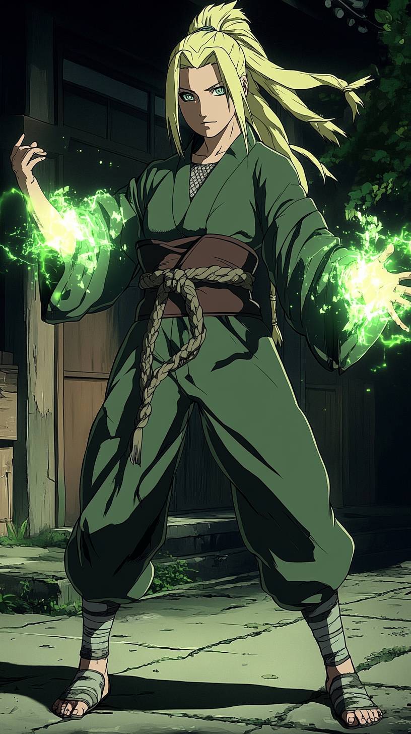 Tsunade de Naruto, cabelo loiro em coque, haori verde, postura poderosa, chakra médico brilhante.