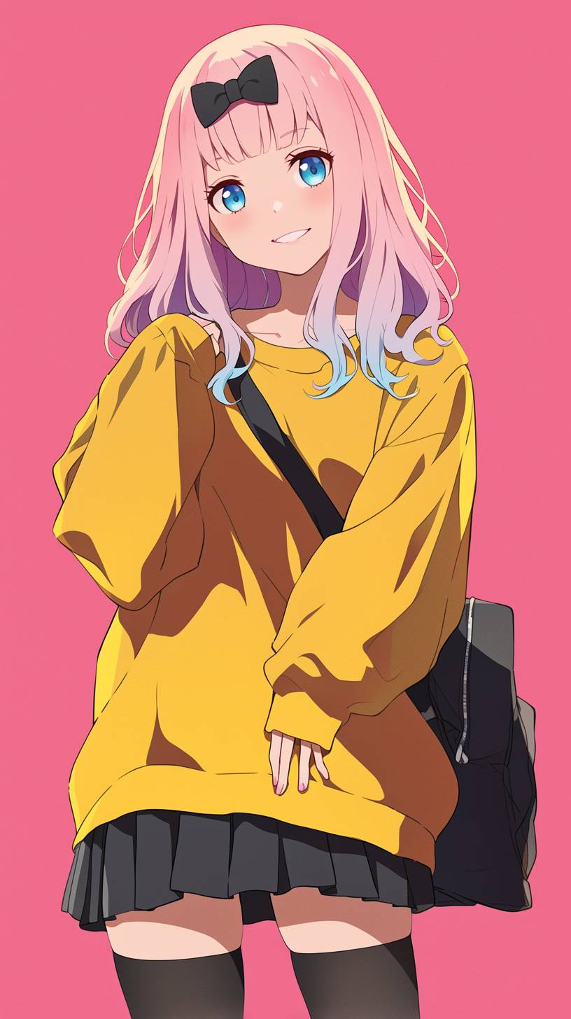 Chika Fujiwara porte un gros pull coloré et une jupe plissée, elle est mignonne et à la mode.