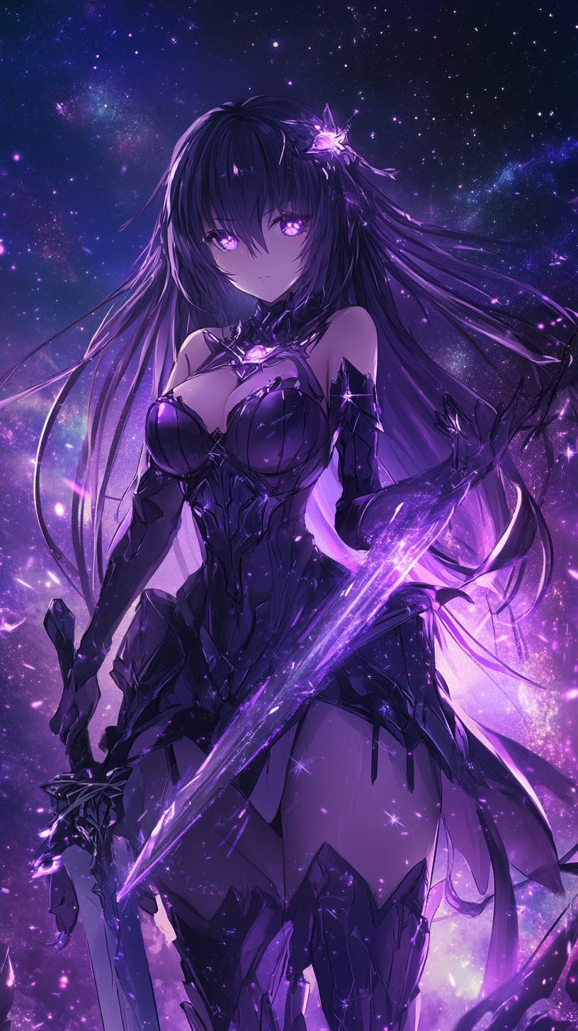 Tohka Yatogami porte une robe astrale avec une épée sous un ciel étoilé, avec des cheveux violets et une énergie lumineuse.