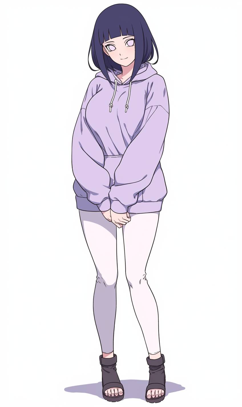 Hinata Hyuga porte un sweat à capuche violet avec un subtil symbole du village caché de Konoha et des leggings blancs, dégageant une aura calme mais confiante.