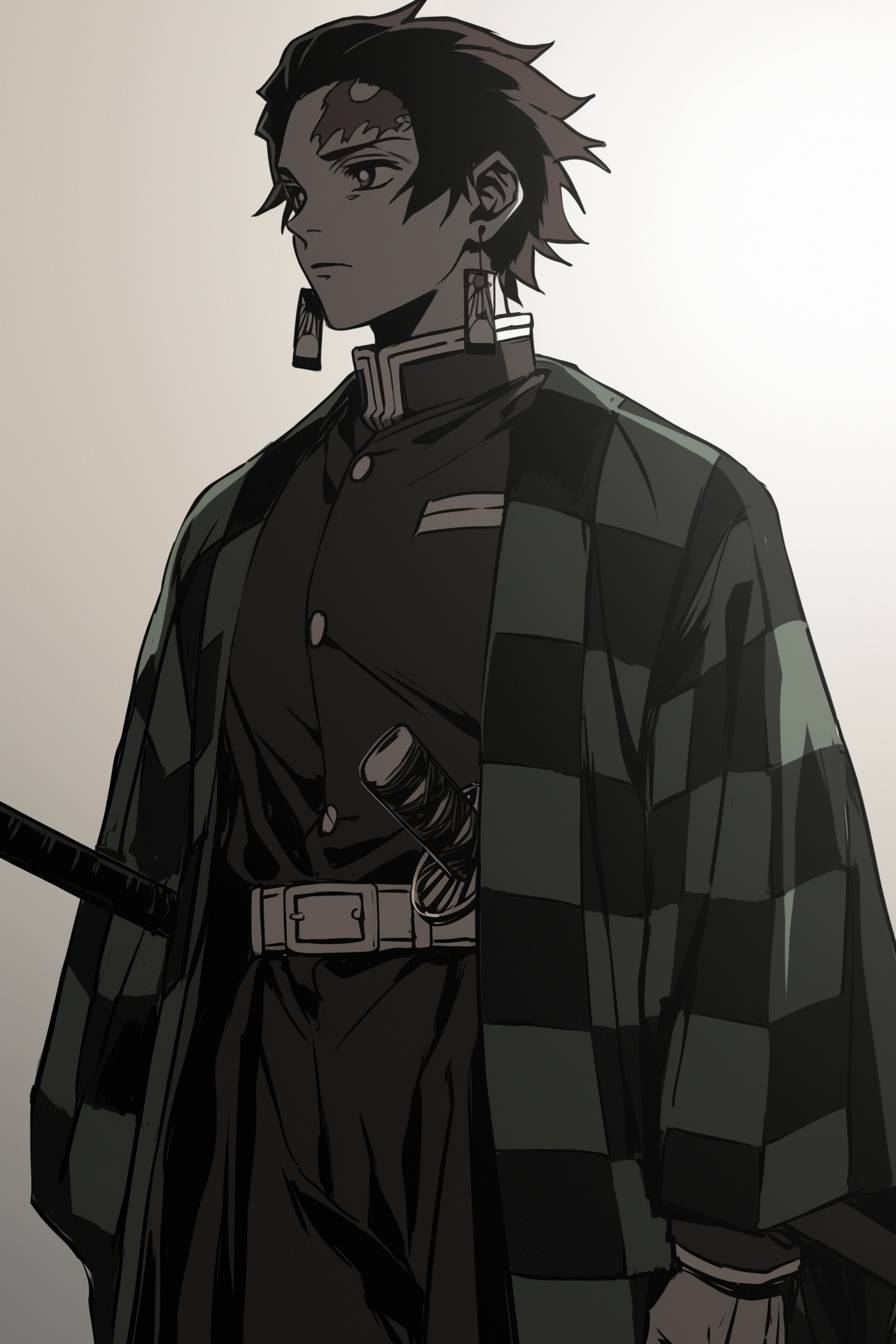 Tanjiro wears a green and black checkered haori, has a red scar, and holds a water-patterned sword.