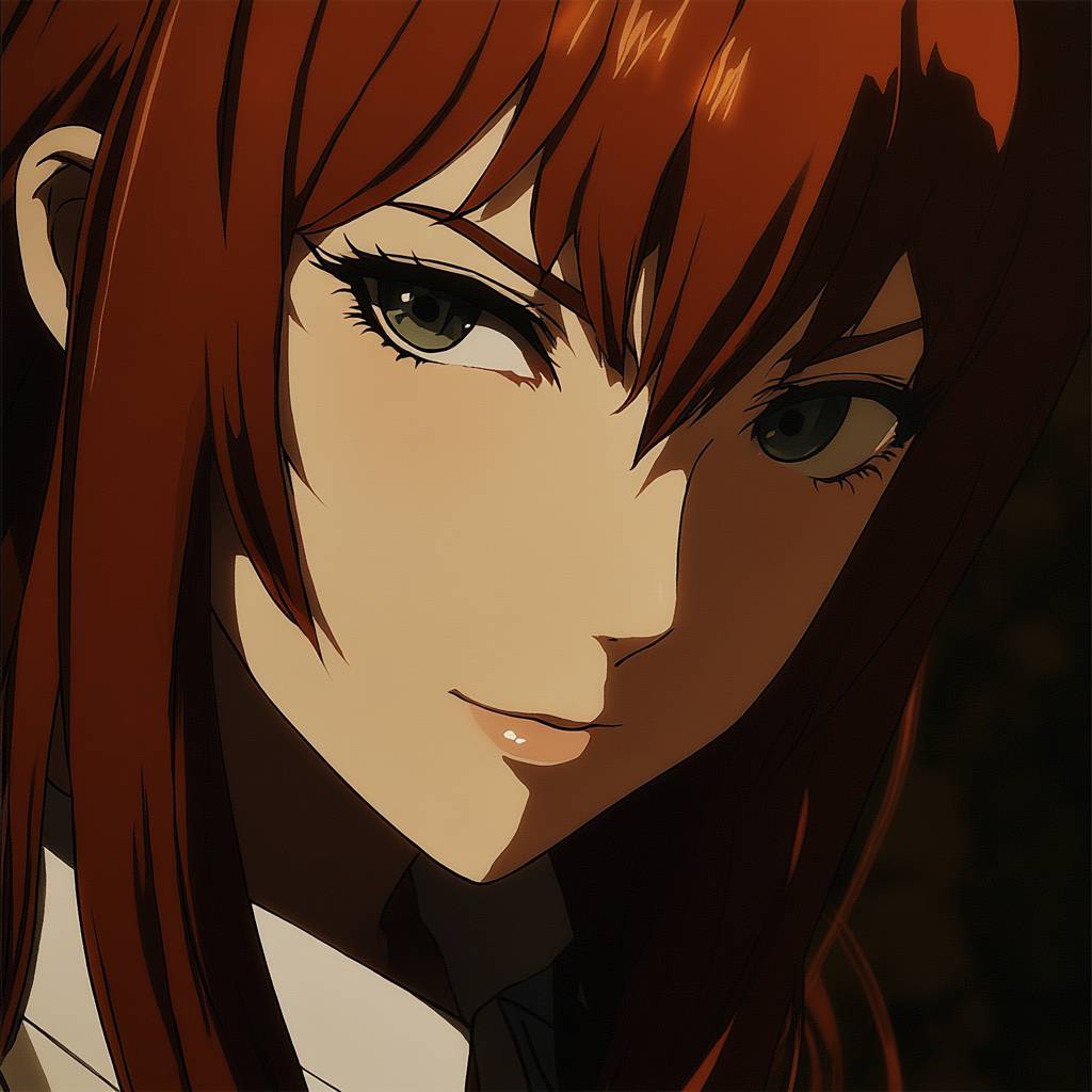 Esta é uma imagem de perfil em close de Makise Kurisu, a menina gênio de Steins;Gate.