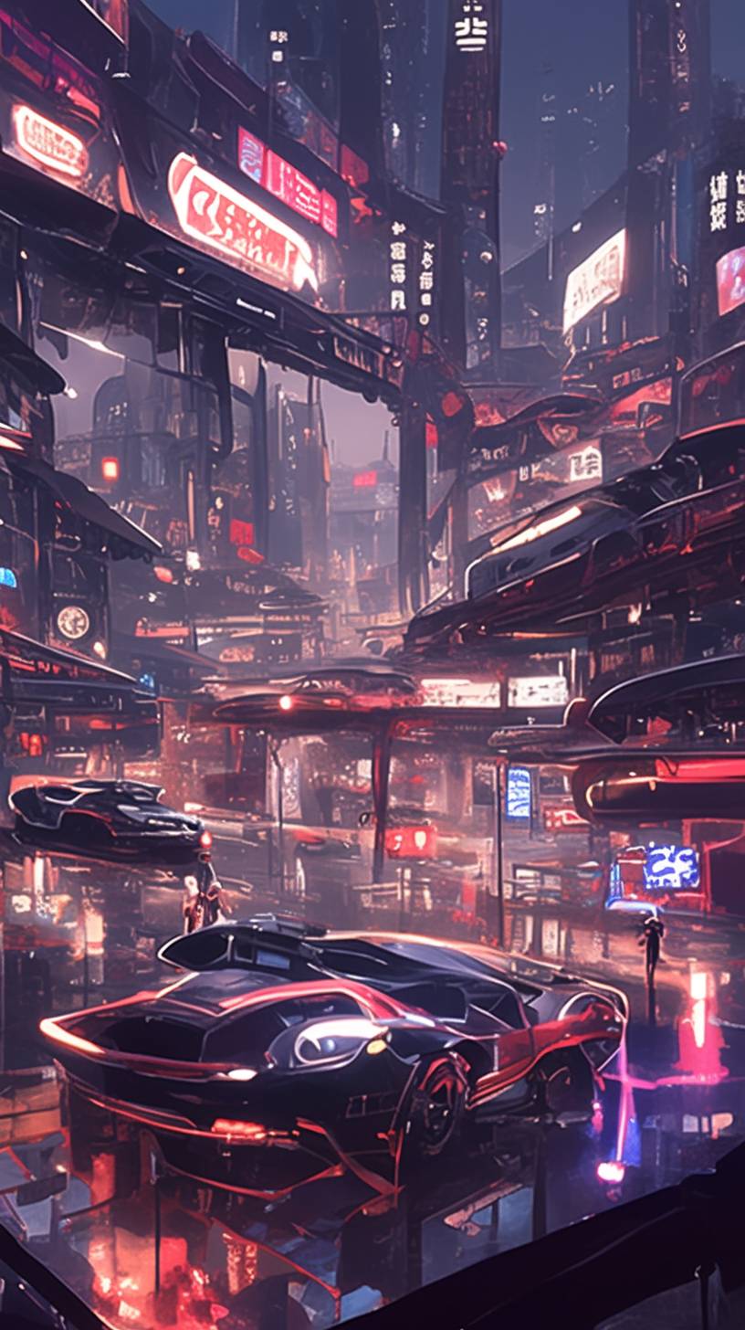 Une ville cyberpunk futuriste au crépuscule, avec des lumières néon se reflétant sur des rues humides et des publicités holographiques flottant dans l'air.