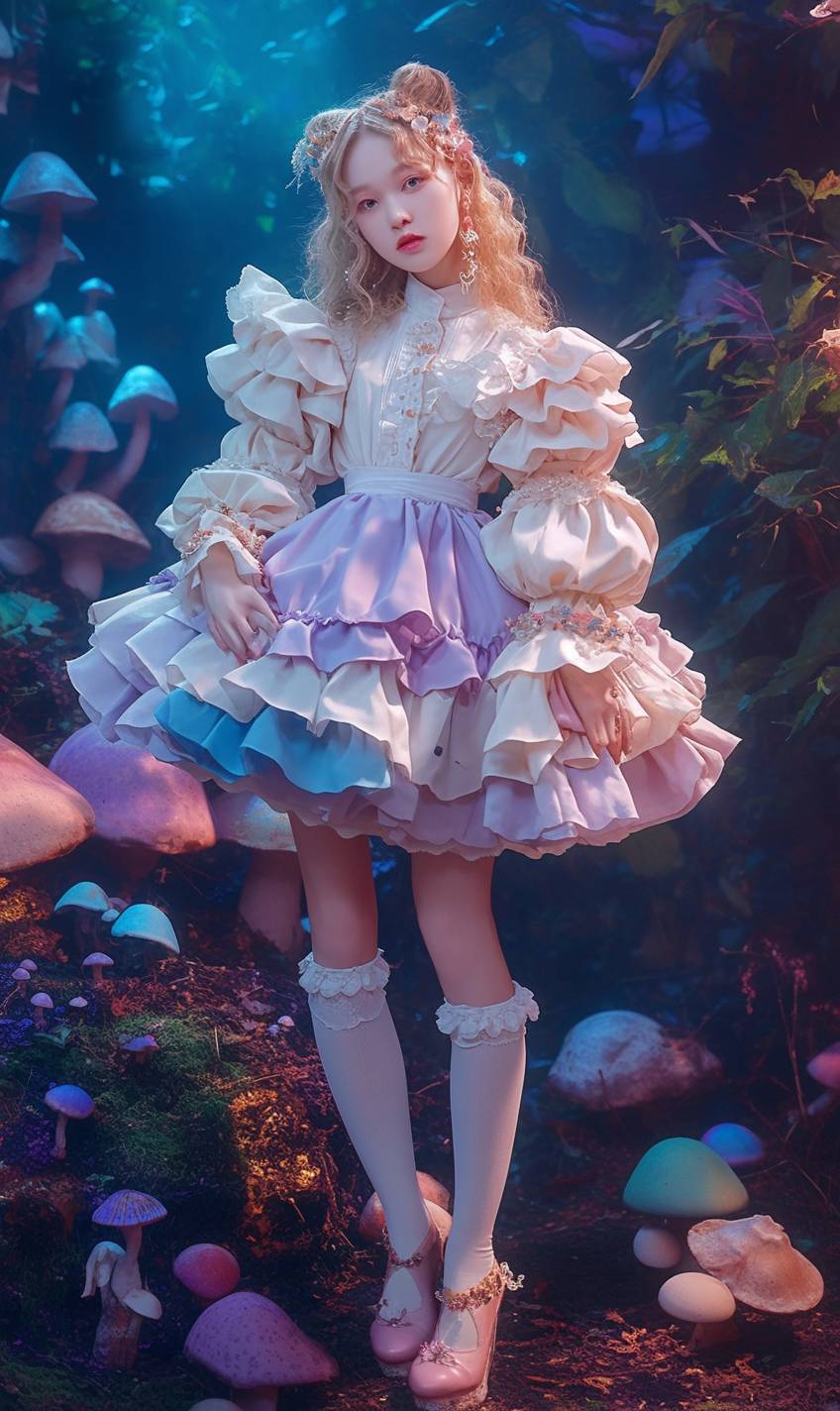 Leading actress as Alice showcases whimsical fashion with a modern twist, oversized ruffled dress and knee-high socks in a dreamy forest.