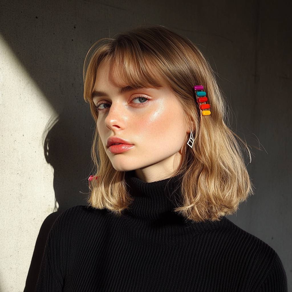 A model with shoulder-length blonde hair wearing colorful barrettes and an elegant black turtleneck sweater.