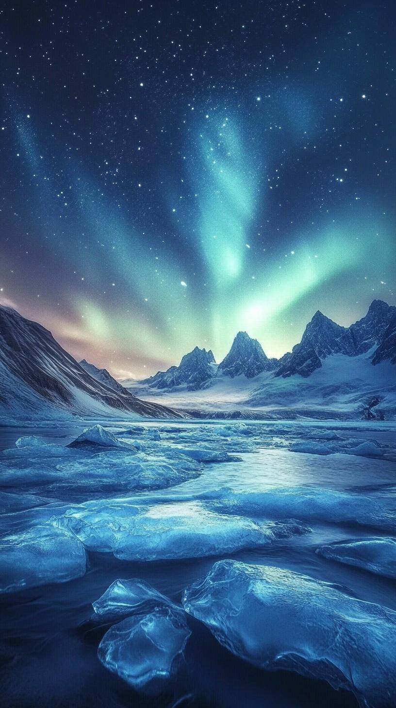 Glaciar bajo las Auroras Boreales, estilo realista, tonos fríos.