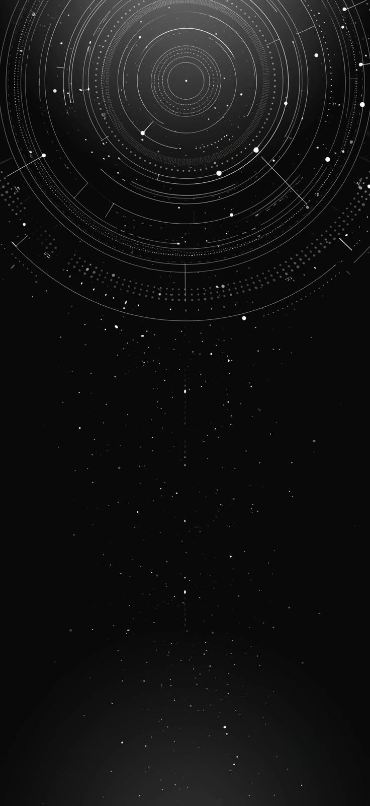 Una obra de arte digital minimalista con fondo negro y puntos blancos, en un patrón circular superpuesto, ideal como fondo de pantalla para móviles.