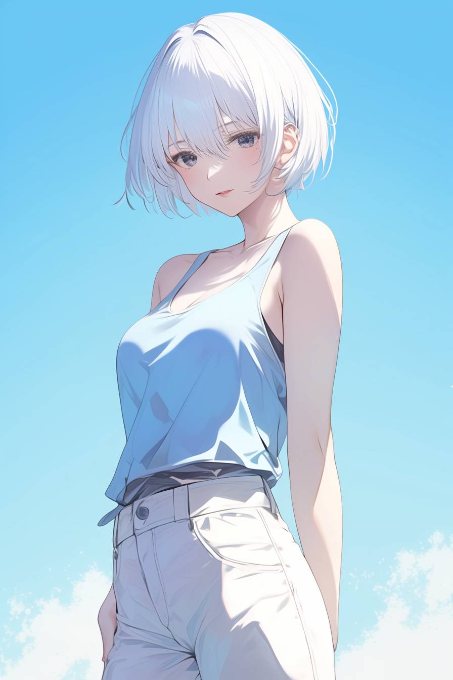 Rei Ayanami is wearing a light blue tank top and white pants, simple yet striking, a minimalist style perfect for a spring day out.