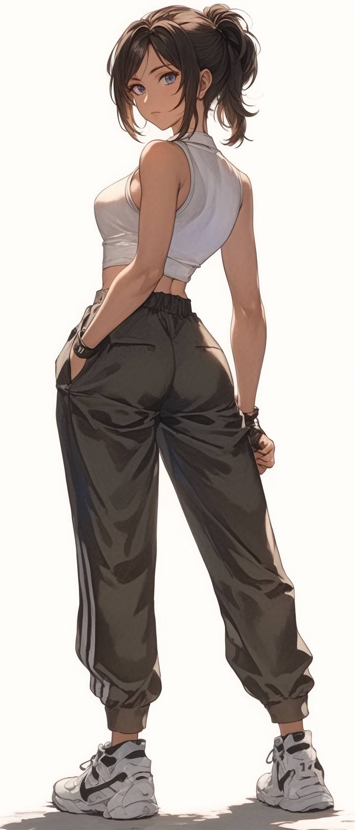 Mikasa Ackerman wears a white sleeveless top and black jogger pants, sporty and sleek, perfect for spring training.