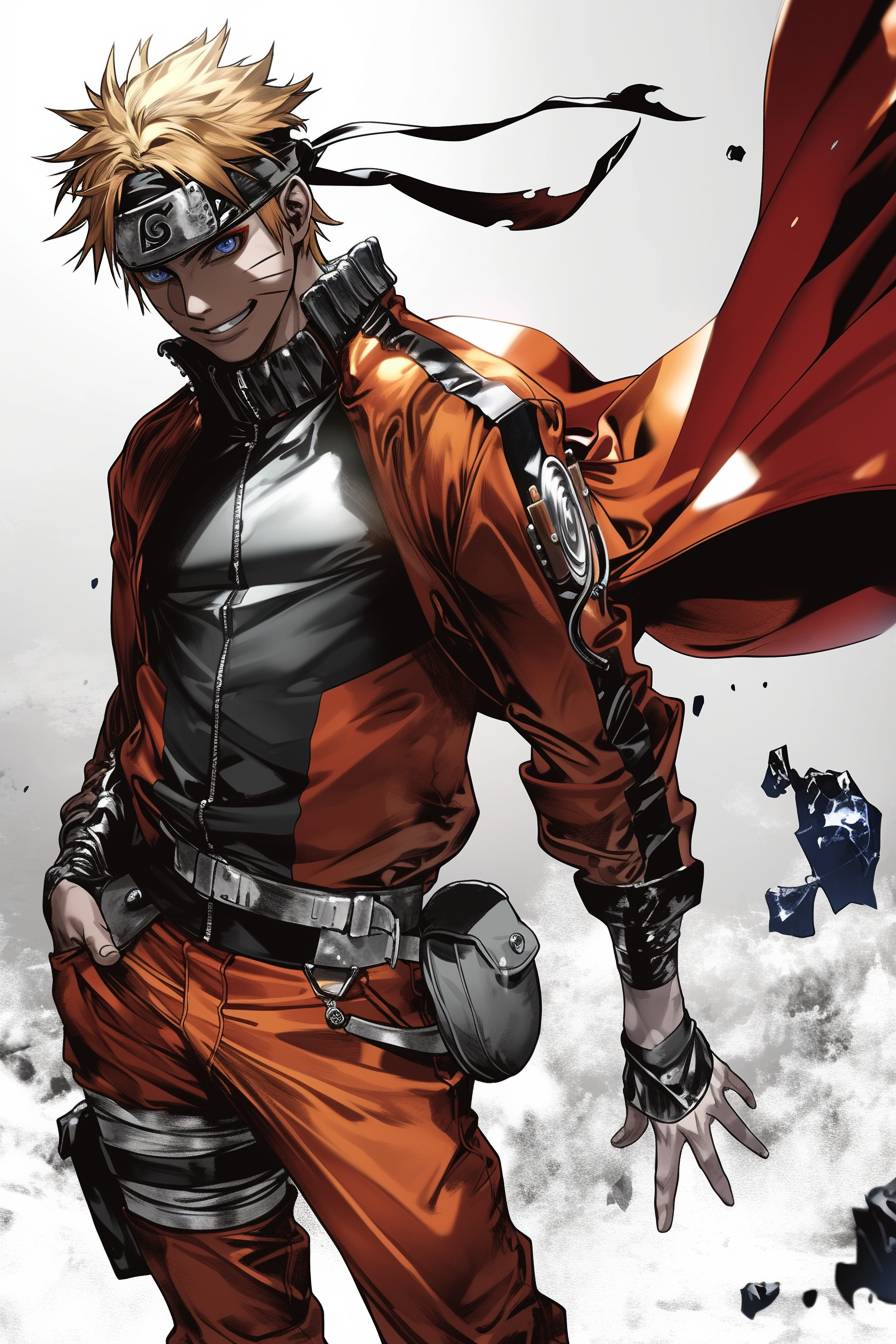 Naruto wears an orange jumpsuit with black accents and a flowing red cape.