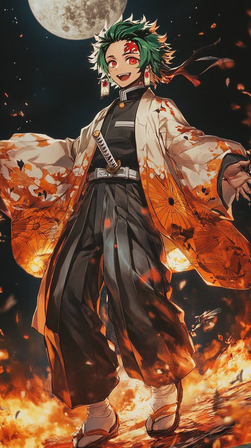 Daki from Demon Slayer wears an Upper Moon kimono, has flowing green hair and a menacing grin, against a fiery night scene.