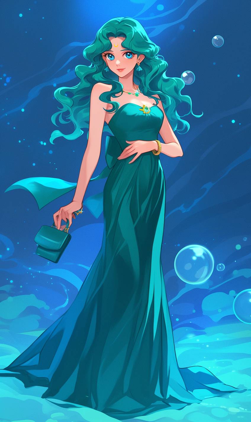 A fashionista Michiru Kichouji incorpora elegância e poder em um vestido teal fluido, com um fundo oceânico místico.