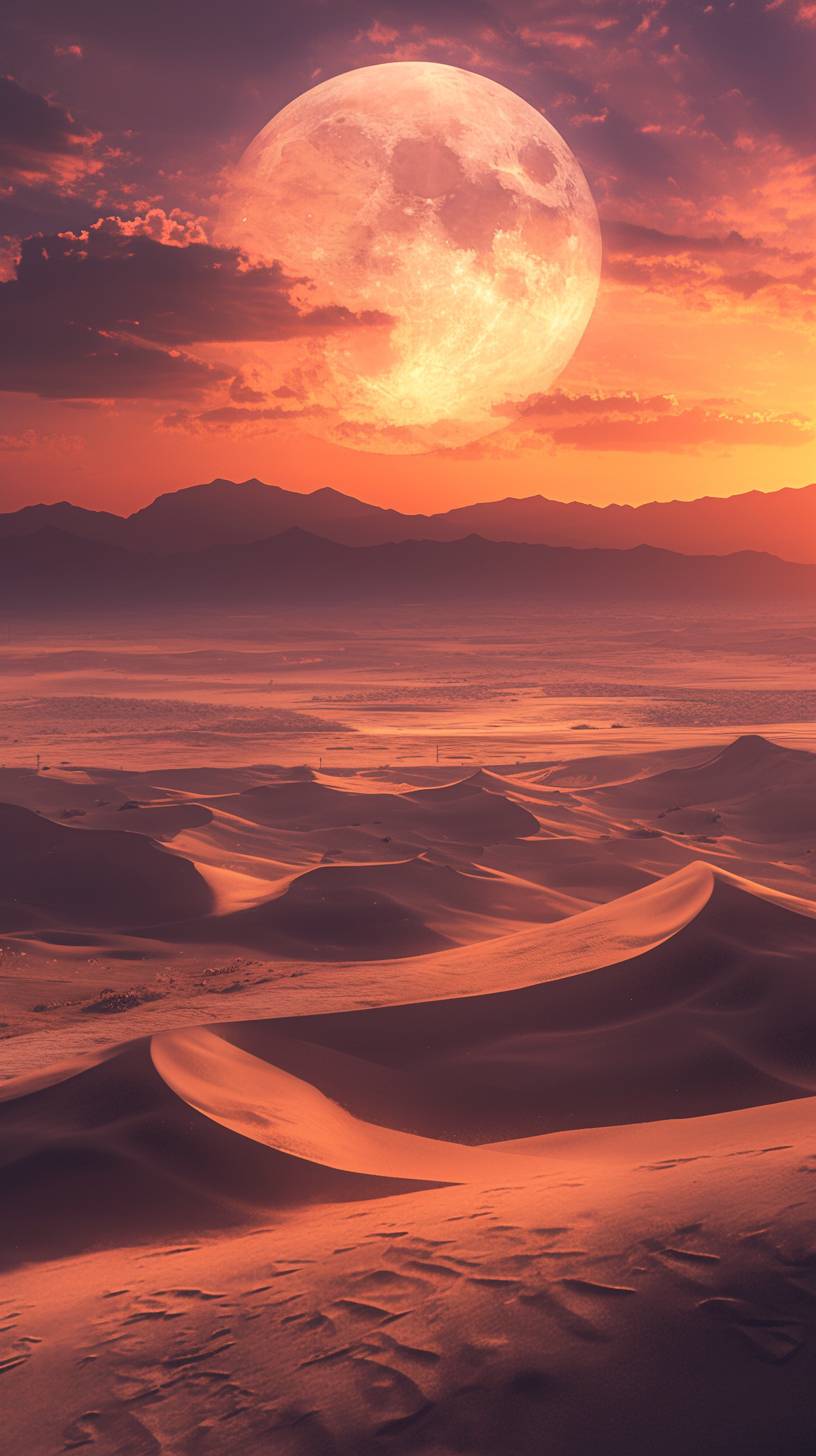 Un paisaje desertico surrealista al atardecer, con vibrantes tonos naranjas y rosas, una gran luna llena elevándose, y dunas de arena doradas que se extienden hasta el horizonte, creando una atmósfera pacífica y mística.