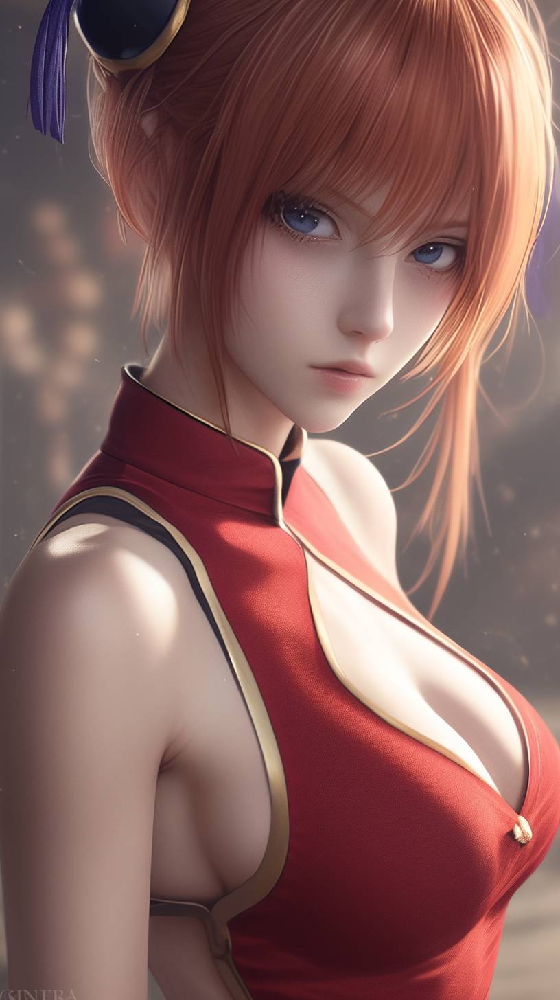 Kagura est un personnage important de 'Gin Tama', une fille de 14 ans aux cheveux orange dans un qipao rouge, vue avec Gintoki Sakata dans les rues de la ville.