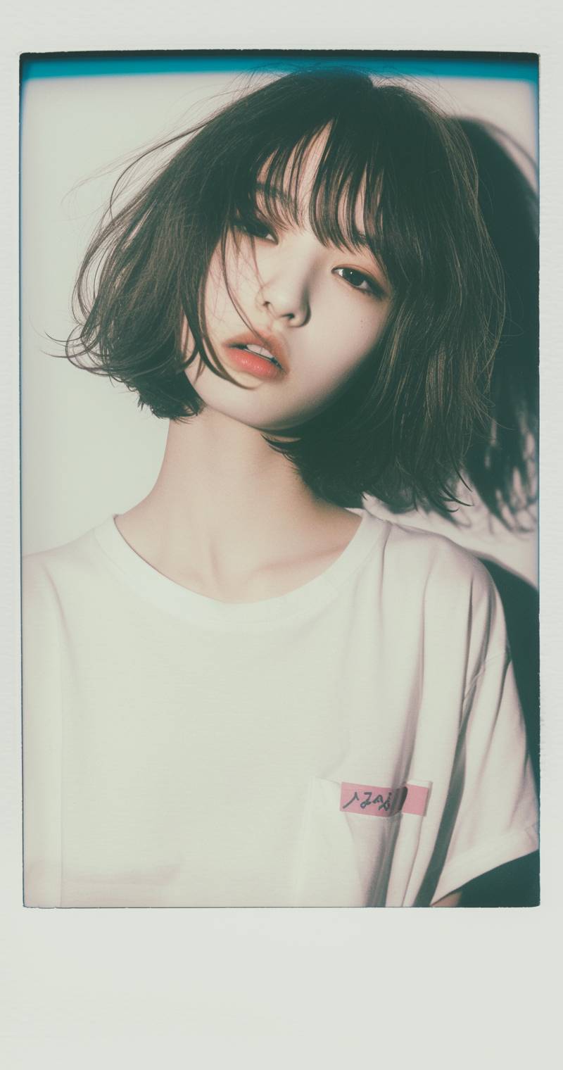 Fille japonaise, âgée de 18 à 21 ans, cheveux châtain mi-longs, portrait photo de haute qualité, pris avec un appareil photo Polaroid.