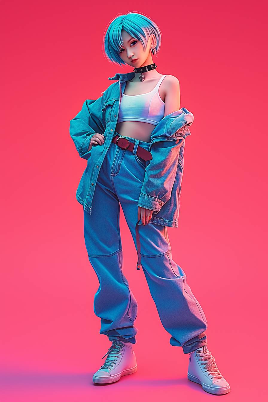 Une actrice se déguisant en Bulma de Dragon Ball Z, portant une veste en jean tendance, un jean taille haute et des baskets à la mode, affichant une grande confiance.