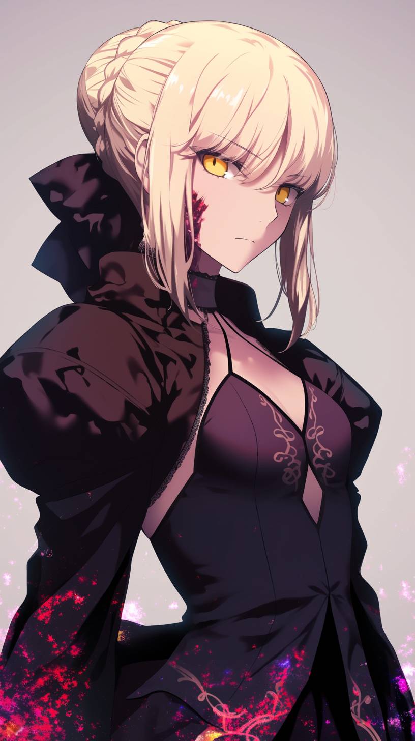 Saber Alter de Fate/Stay Night usa um vestido preto de alta moda, escuro e dramático.