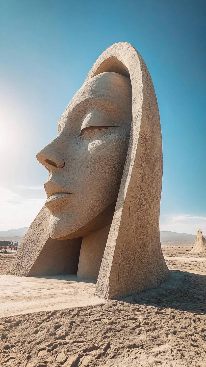 Giant sand sculptures in a desert, surrealist style, warm hues.