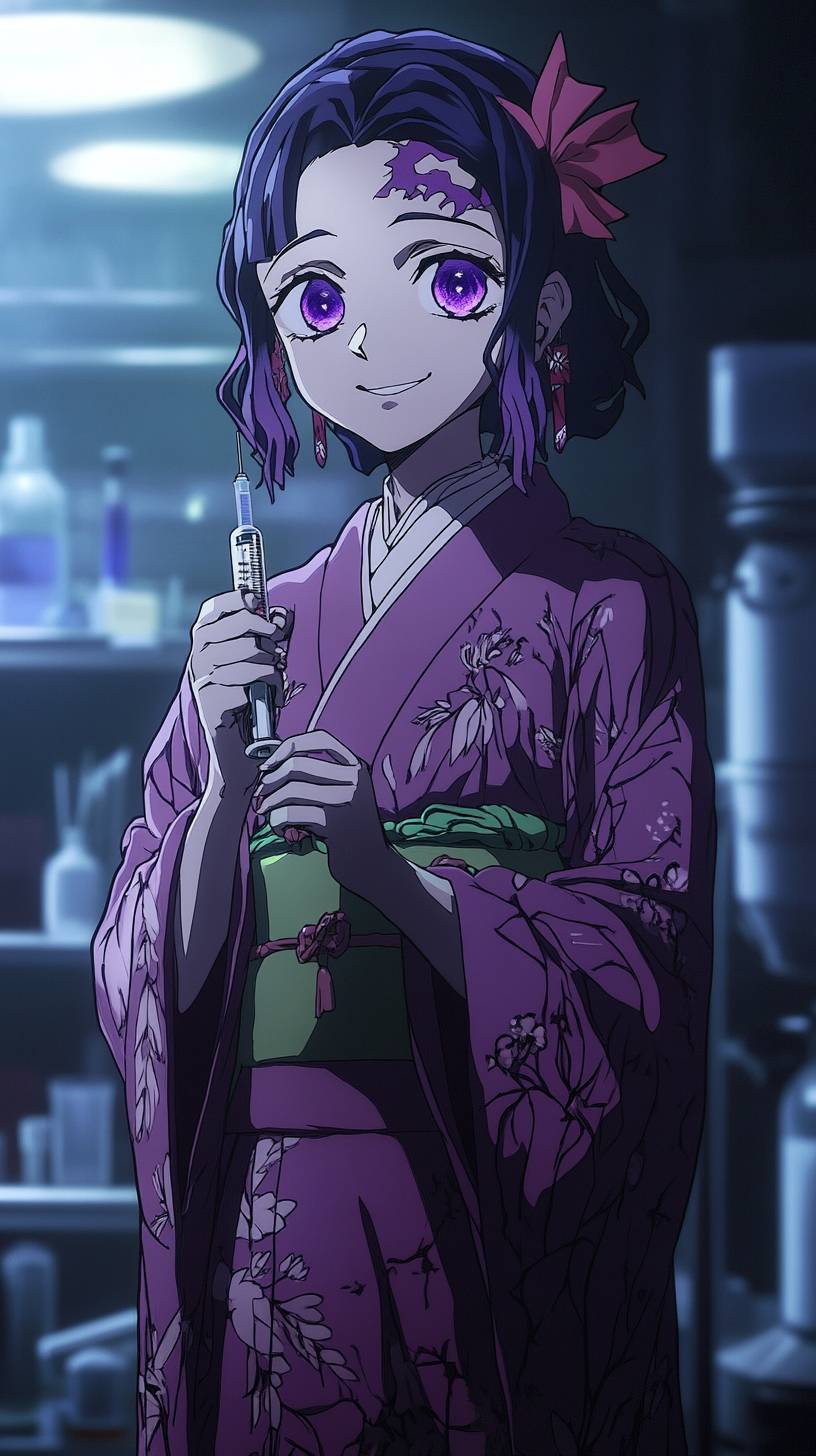 Tamayo de Demon Slayer porte un kimono élégant, a des yeux violets et tient une seringue dans un laboratoire brumeux.