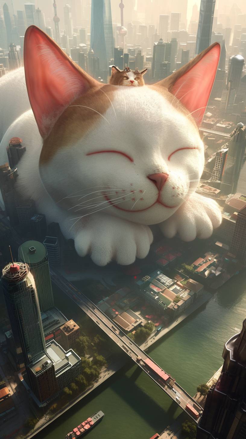 A surrealistic 3D artwork depicting a gigantic cat in Shanghai's Bund.