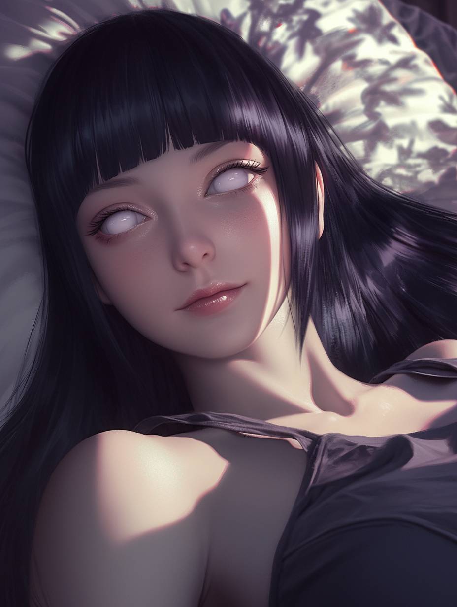 El personaje de NARUTO, Hyuuga Hinata, sonríe felizmente en la cama en una fotografía estilizada.