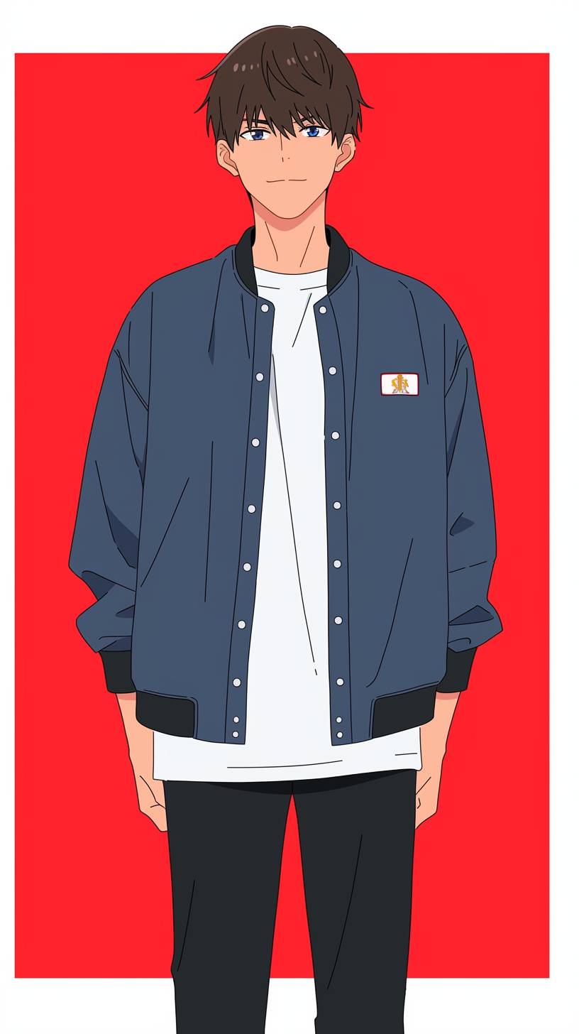 Light Yagami trägt eine lässige graue Jacke, ein weißes T-Shirt und schwarze Jeans, mit einem sauberen und eleganten Stil und einem ernsten Ausdruck.