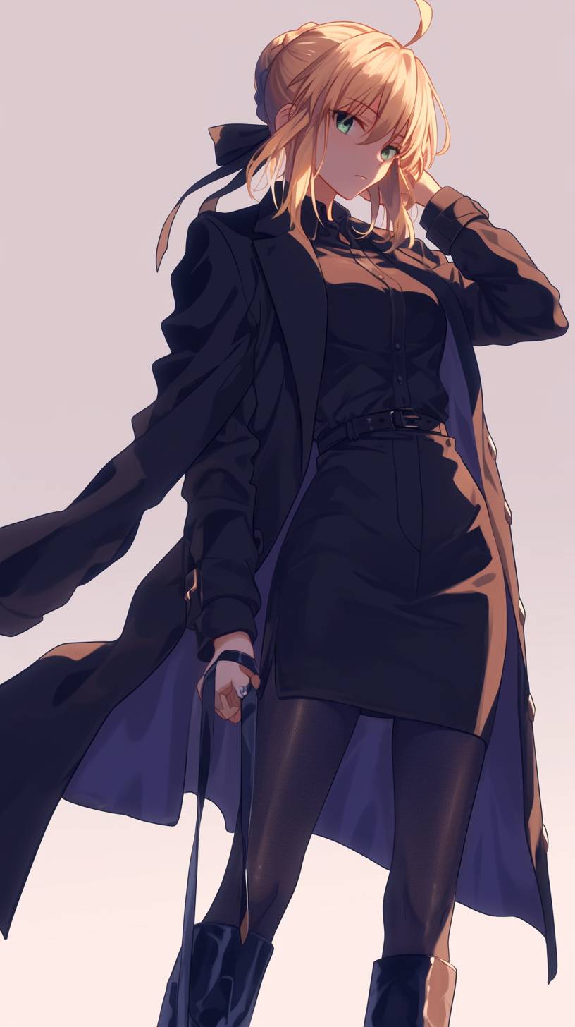 Saber de Fate/Stay Night lleva un elegante atuendo de alta moda con un abrigo a medida y botas, mostrando un estilo minimalista.