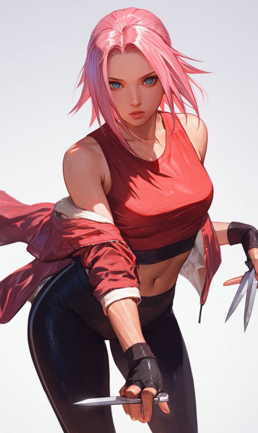 Modelo vestida con una top sin mangas roja, chaqueta ajustada y leggings atléticos, sosteniendo un kunai en una pose lista para la acción.