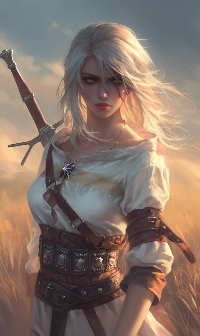 نجم هوليود في دور سيري من Witcher ، يرتدي رداء أبيض مع تفاصيل درع جلدية وشعر فضي طويل وسيف غامض بجانبه.