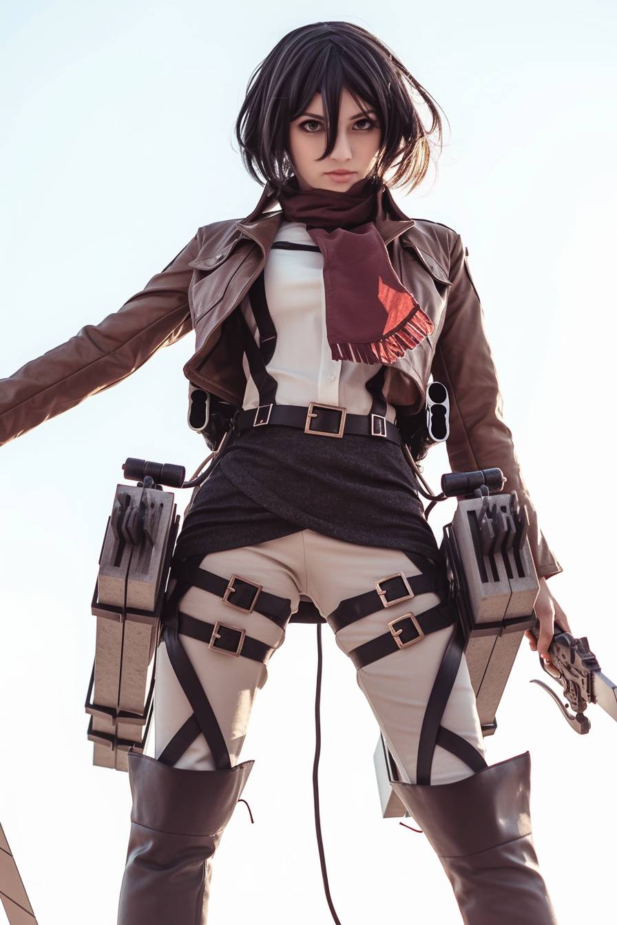 Model cosplaying Mikasa Ackerman in military fashion with a brown jacket, black boots, and a scarf, standing determinedly in a battle-ready stance.