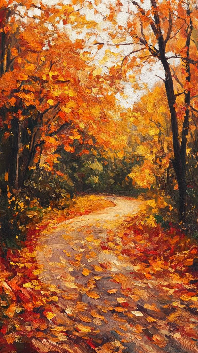 Autumn path covered in maple leaves, warm impressionism style.