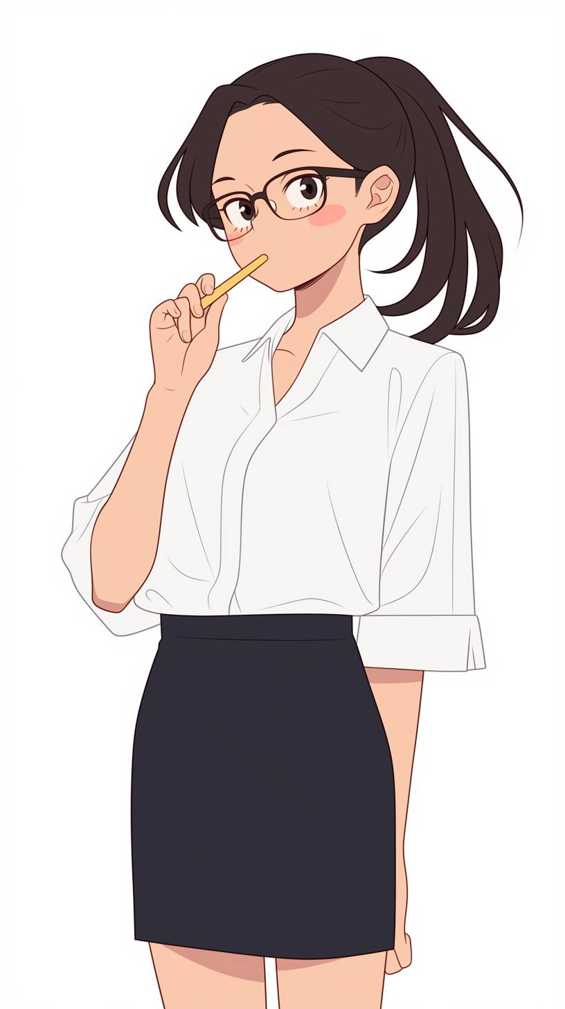 Momo Yaoyorozu aus My Hero Academia trägt eine schicke weiße Bluse, einen schwarzen Rock und stylische Brillen.