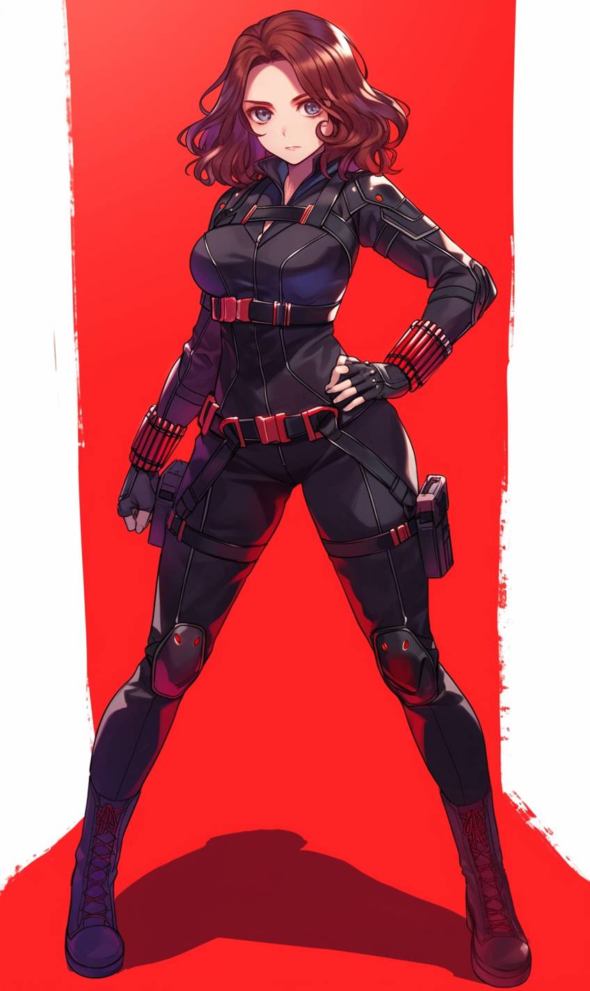 Famous model as Black Widow in a black tactical suit with red accents, showcasing strong yet feminine charm.