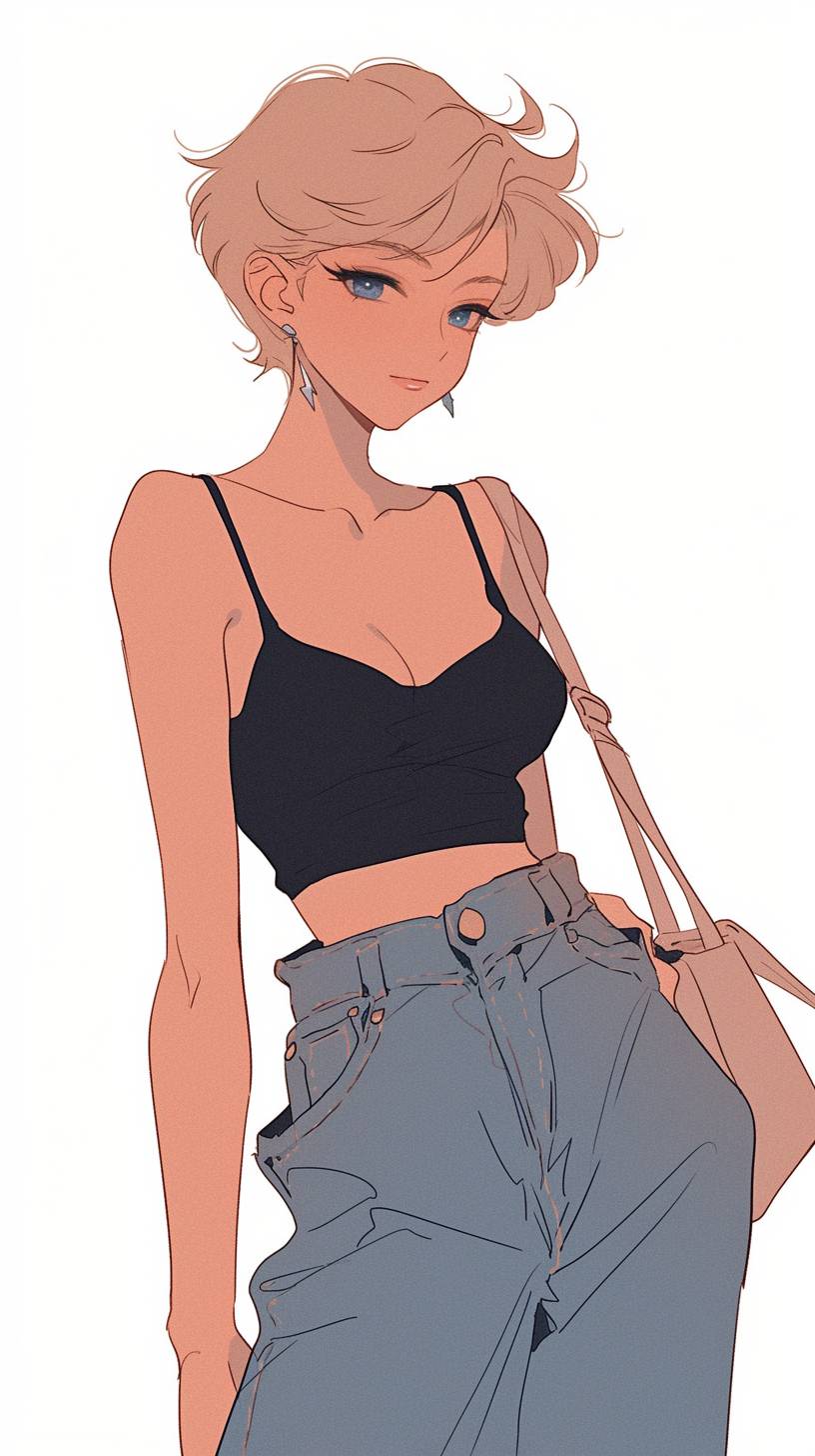 Haruka Tenoh (Sailor Uranus) trägt ein schwarzes Tanktop und lockere blaue Jeans und präsentiert einen stylisch lässigen Frühling-Look, perfekt für einen entspannten Tag.