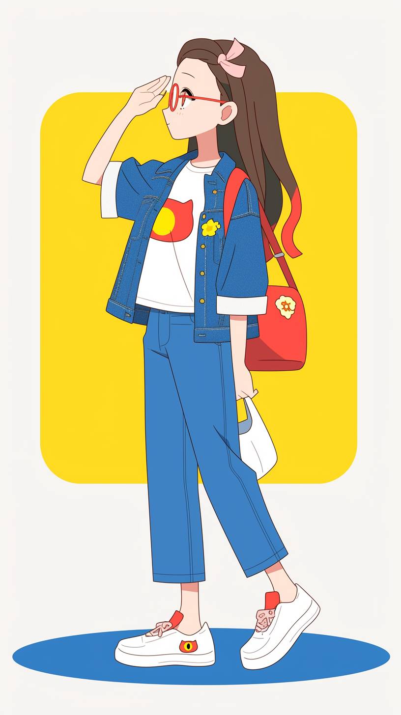 Nezuko Kamado in a casual modern outfit with a denim jacket, white tee, and high-waisted jeans.