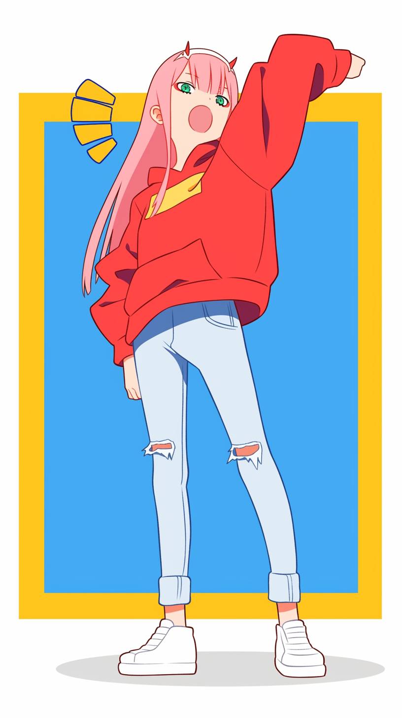 Zero Two aus Darling in the Franxx trägt einen lässigen roten Hoodie und zerrissene Jeans und zeigt einen verspielten sportlichen Look.